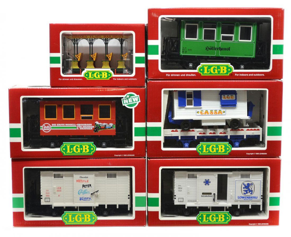 (6) LGB VARIOUS MODEL TRAIN CARS, ORIGINAL BOX: (lot of 6) LGB model train cars, G gauge, original box, some with cardboard sleeves: (1) 4131, freight; (1) 3907, passenger; (1) 34076, passenger; (1) 4032, freight; (1) 4037, freight; (1)30430, passe