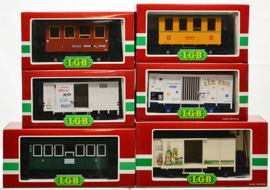 (6) LGB VARIOUS MODEL TRAIN CARS, ORIGINAL BOX: (lot of 6) LGB model train cars, G gauge, original box, some with cardboard sleeves: (1) 3020, passenger; (1) 4036, freight; (1) 4032, freight; (1) 3107, passenger; (1) 4026, freight; (1) 3006, passen