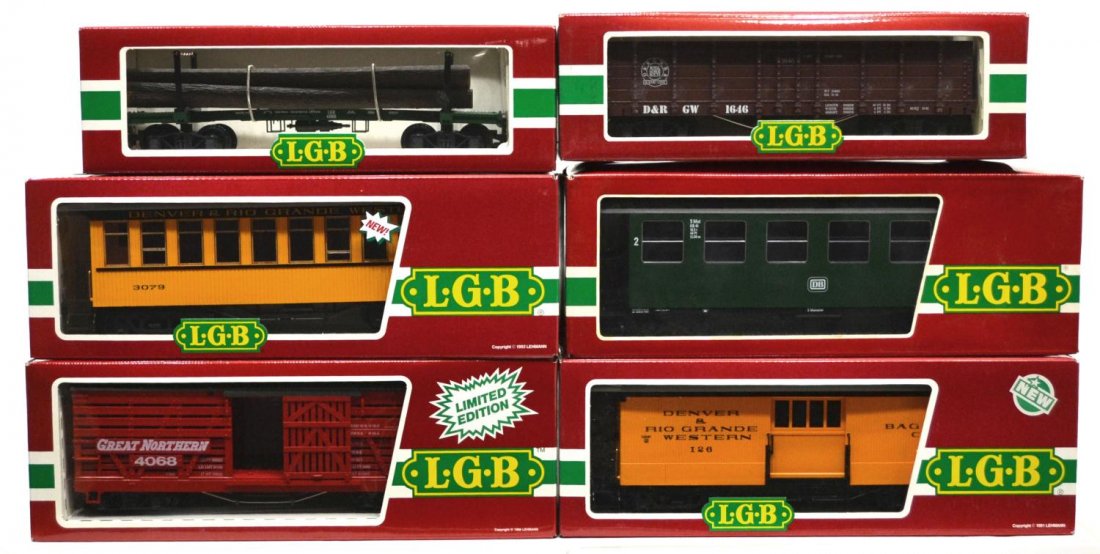 (6) LGB VARIOUS MODEL TRAIN CARS, ORIGINAL BOX: (lot of 6) LGB model train cars, G gauge, original box, some with cardboard sleeves: (1) 3107, passenger; (1) 3006, passenger; (1) 3061, passenger; (1) 4068-N 01, freight; (1) 4066, freight; (1) 4169,