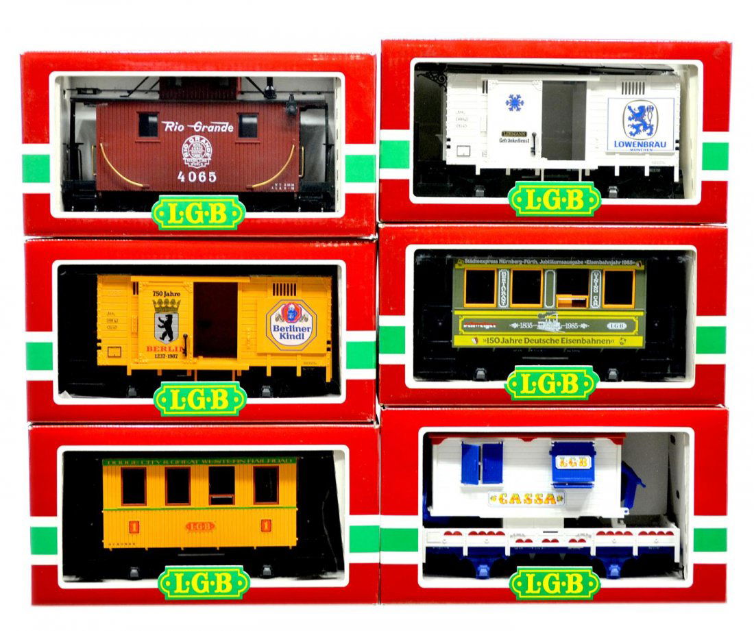 (6) LGB VARIOUS MODEL TRAIN CARS, ORIGINAL BOX: (lot of 6) LGB model train cars, G gauge, original box, some with cardboard sleeves: (1) 4065, freight; (1) 4131, freight; (1) 4031 B, freight; (1) 3013 SLO, passenger, (1) 4037, freight; (1) 3006, pa