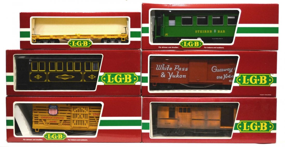 (6) LGB VARIOUS MODEL TRAIN CARS, ORIGINAL BOX: (lot of 6) LGB model train cars, G gauge, original box, some with cardboard sleeves: (1) 32620, passenger; (1) 3061, passenger; (1) 3081, passenger; (1) 4167, freight; (1) 4160-DG, freight; (1) 44680,