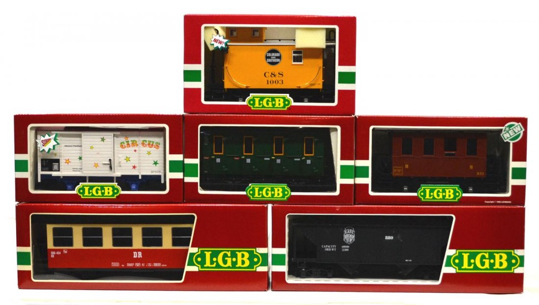 (6) LGB VARIOUS MODEL TRAIN CARS, ORIGINAL BOX: (lot of 6) LGB model train cars, G gauge, original box, some with cardboard sleeves: (1) 3206, passenger; (1) 3050, passenger; (1) 43560, freight; (1) 4136S, freight; (1) 3073, passenger; (1) 4076, fr