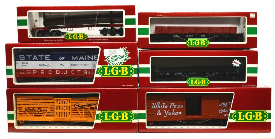 (6) LGB VARIOUS MODEL TRAIN CARS, ORIGINAL BOX: (lot of 6) LGB model train cars, G gauge, original box, some with cardboard sleeves: (1) 41660, freight; (1) 4067-K 01, freight; (1) 4167, freight; (1) 4168, freight; (1) 42690, freight; (1) 4061, fre