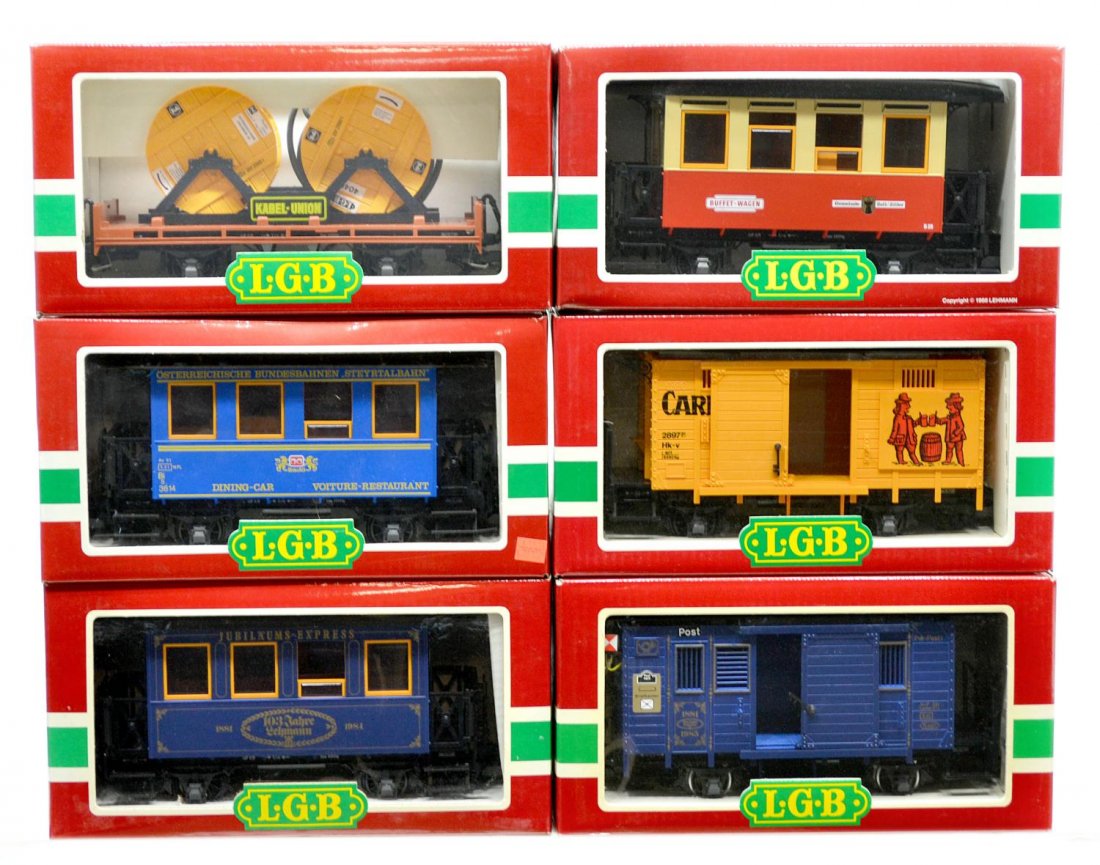 (6) LGB VARIOUS MODEL TRAIN CARS, ORIGINAL BOX: (lot of 6) LGB model train cars, G gauge, original box, some with cardboard sleeves: (1) 4034, freight; (1) 1985 Jahreswagen; (1) 1984 Jahreswagen; (1) 3013, passenger; (1) 3016, passenger; (1) 4002,