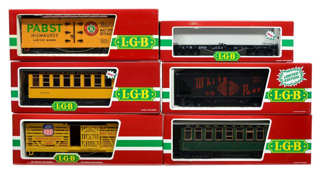 (6) LGB VARIOUS MODEL TRAIN CARS, ORIGINAL BOX: (lot of 6) LGB model train cars, G gauge, original box, some with cardboard sleeves: (1) 4076-W 02, freight; (1) 30800, passenger; (1) 4074, freight; (1) 42690, freight; (1) 3080-E 01, passenger; (1) 