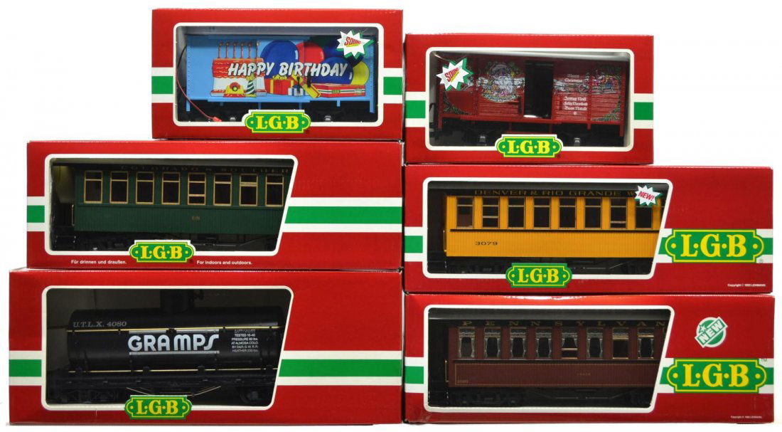 (6) LGB VARIOUS MODEL TRAIN CARS, ORIGINAL BOX: (lot of 6) LGB model train cars, G gauge, original box, some with cardboard sleeves: (1) 3280, passenger; (1) 34800, passenger; (1) 30800, passenger, (1) 4335S, freight, (1) 4435 HB, freight; (1) 4080