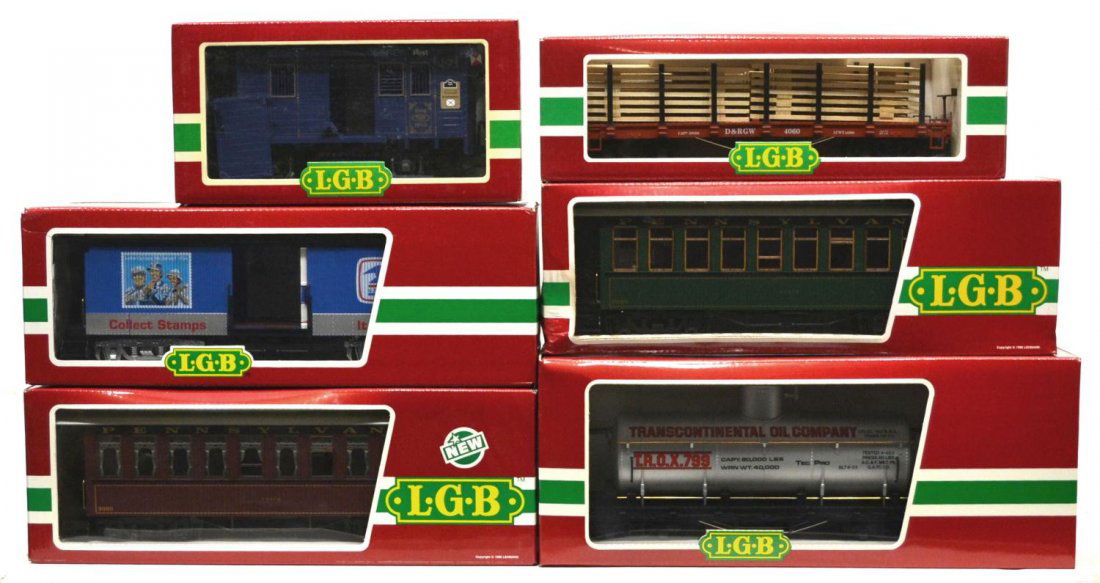 (6) LGB VARIOUS MODEL TRAIN CARS, ORIGINAL BOX: (lot of 6) LGB model train cars, G gauge, original box, some with cardboard sleeves: (1) 4080-Y 01, freight; (1) 1985 Jahreswagen; (1) 4169, freight; (1) 31840, passenger; (1) 3080-E 01, passenger; (1