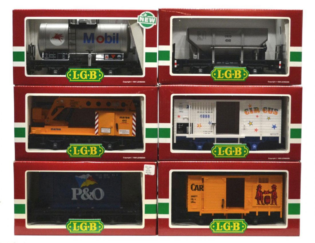 (6) LGB VARIOUS MODEL TRAIN CARS, ORIGINAL BOX: (lot of 6) LGB model train cars, G gauge, original box, some with cardboard sleeves: (1) 4141, freight; (1) 4240, freight; (1) 4036, freight; (1) 4103, freight; (1) 4034, freight; (1) 4042, freight, l