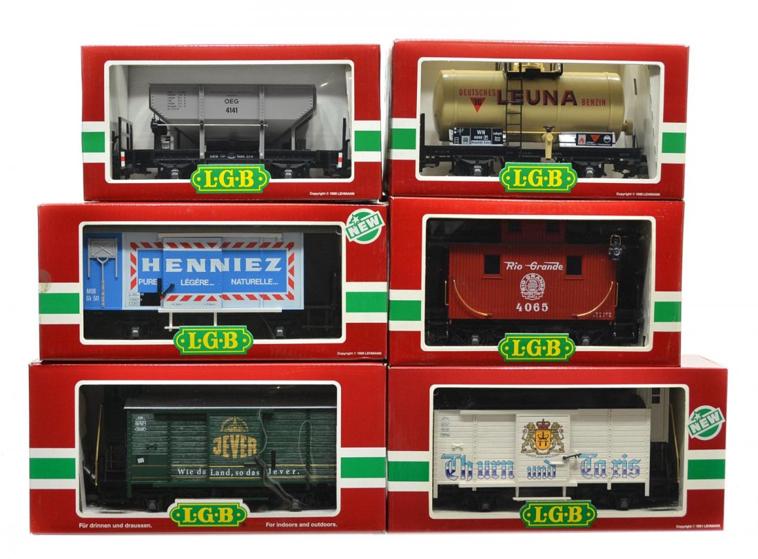 (6) LGB VARIOUS MODEL TRAIN CARS, ORIGINAL BOX: (lot of 6) LGB model train cars, G gauge, original box, some with cardboard sleeves: (1) 4065, freight; (1) 4040L, freight; (1) 4126, freight; (1) 45260, freight; (1) 4141, freight; (1) 4228, freight,