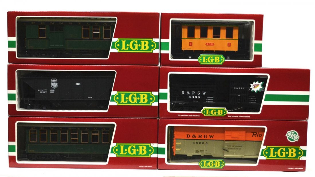 (6) LGB VARIOUS MODEL TRAIN CARS, ORIGINAL BOX: (lot of 6) LGB model train cars, G gauge, original box, some with cardboard sleeves: (1) 3081 E-02, passenger; (1) 43682, freight; (1) 3006, passenger; (1) 4076, freight; (1) 4091, passenger; (1) 3080