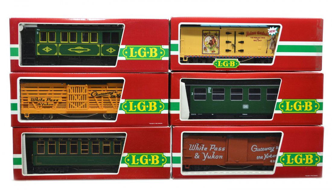 (6) LGB VARIOUS MODEL TRAIN CARS, ORIGINAL BOX: (lot of 6) LGB model train cars, G gauge, original box, some with cardboard sleeves: (1) 3070, passenger; (1) 4167, freight; (1) 3060, passenger; (1) 41720, freight; (1) 3080-E 01, passenger; (1) 4168