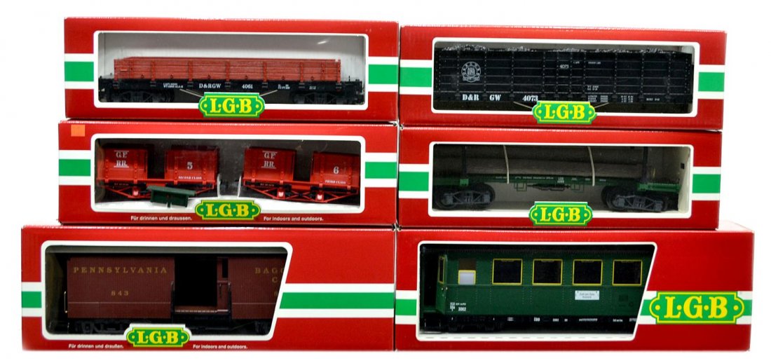 (6) LGB VARIOUS MODEL TRAIN CARS, ORIGINAL BOX: (lot of 6) LGB model train cars, G gauge, original box, some with cardboard sleeves: (1) 4073-C 03, freight; (1) 30440, passenger; (1) 4061, freight; (1) 3062, passenger; (1) 4066, freight; (1) 32843,