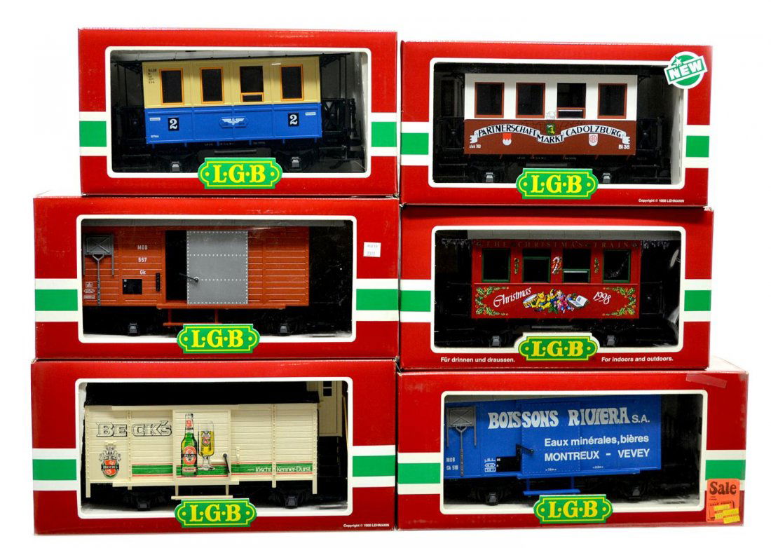 (6) LGB VARIOUS MODEL TRAIN CARS, ORIGINAL BOX: (lot of 6) LGB model train cars, G gauge, original box, some with cardboard sleeves: (1) 4029, freight; (1) 36078, passenger; (1) 4027, freight; (1) 3207, passenger, (1) 4026, freight; (1) 3015, passe