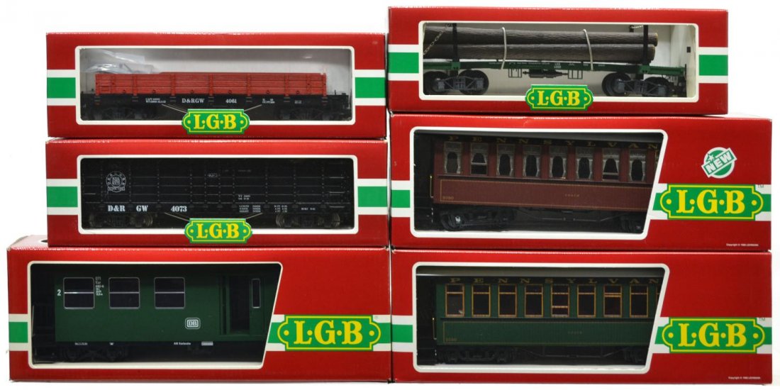 (6) LGB VARIOUS MODEL TRAIN CARS, ORIGINAL BOX: (lot of 6) LGB model train cars, G gauge, original box, some with cardboard sleeves: (1) 3071, passenger; (1) 4073-C 03, freight; (1) 3080-E 01, passenger; (1) 4061, freight; (1) 3280, passenger; (1) 