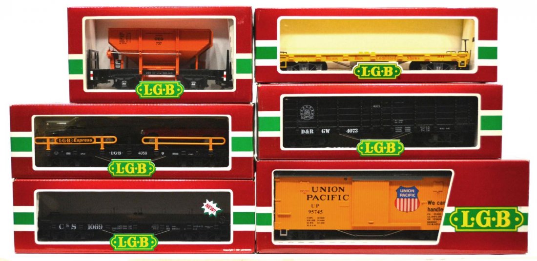 (6) LGB VARIOUS MODEL TRAIN CARS, ORIGINAL BOX: (lot of 6) LGB model train cars, G gauge, original box, some with cardboard sleeves: (1) 4160-DG, freight; (1) 4041, freight; (1) 4073-C 03, freight; (1) 4059, freight; (1) 4067-A 01, freight; (1) 426