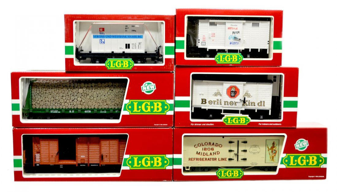 (6) LGB VARIOUS MODEL TRAIN CARS, ORIGINAL BOX: (lot of 6) LGB model train cars, G gauge, original box, some with cardboard sleeves: (1) 4078, freight; (1) 4072-P 01, freight; (1) 44260, freight; (1) 4063, freight; (1) 4003, freight; (1) 4032, frei