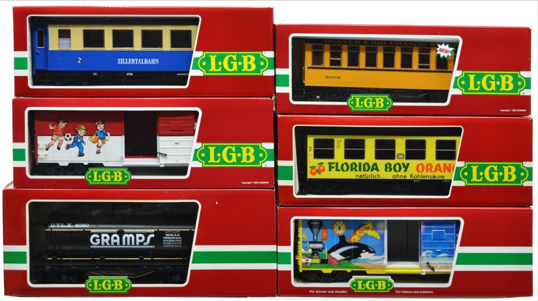 (6) LGB VARIOUS MODEL TRAIN CARS, ORIGINAL BOX: (lot of 6) LGB model train cars, G gauge, original box, some with cardboard sleeves: (1) 3164, passenger; (1) 4080-Y 02, freight; (1) 30800, passenger; (1) 4091CC, freight; (1) 3072, passenger; (1) 41