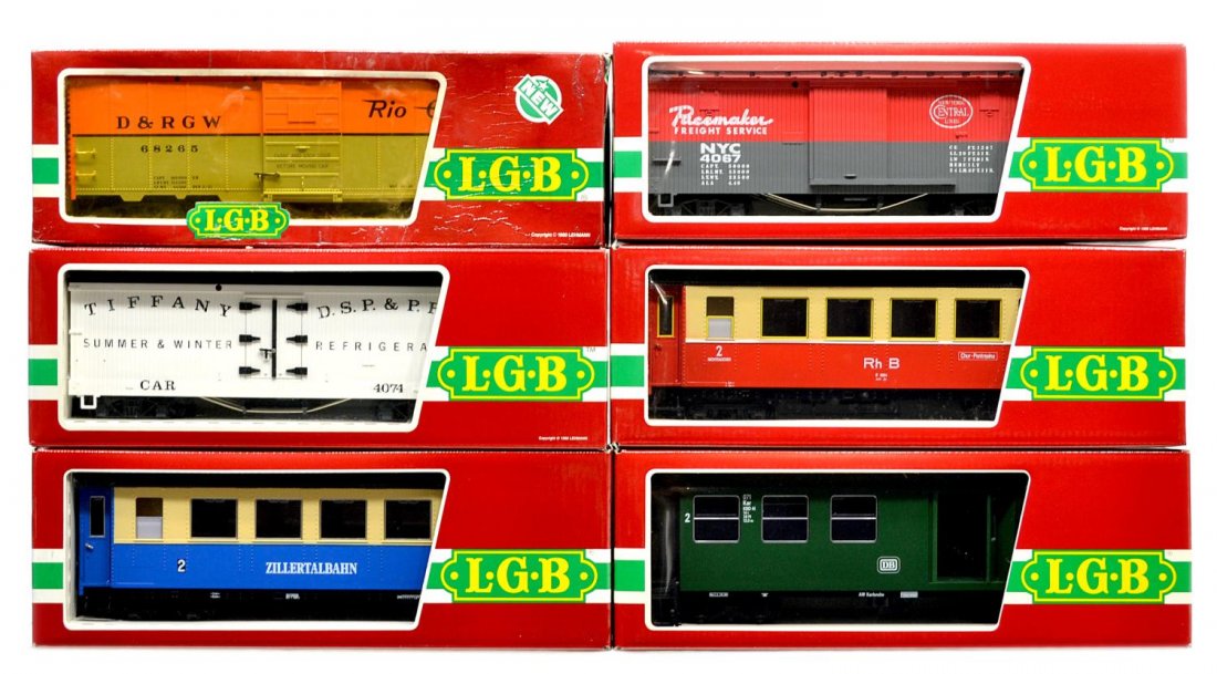 (6) LGB VARIOUS MODEL TRAIN CARS, ORIGINAL BOX: (lot of 6) LGB model train cars, G gauge, original box, some with cardboard sleeves: (1) 3072, passenger; (1) 3164, passenger; (1) 3064, passenger; (1) 4091, freight; (1) 40074-B 02, freight; (1) 4067