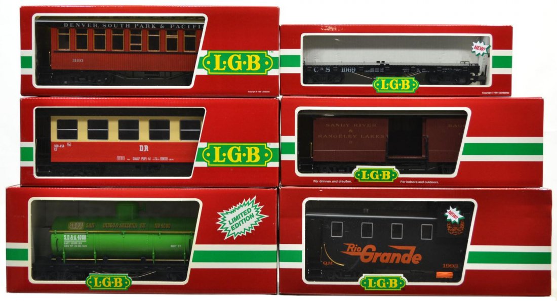 (6) LGB VARIOUS MODEL TRAIN CARS, ORIGINAL BOX: (lot of 6) LGB model train cars, G gauge, original box, some with cardboard sleeves: (1) 3180, passenger; (1) 33840, passenger; (1) 3073, passenger; (1) 42690, freight; (1) 4080-Y 05, freight; (1) 427