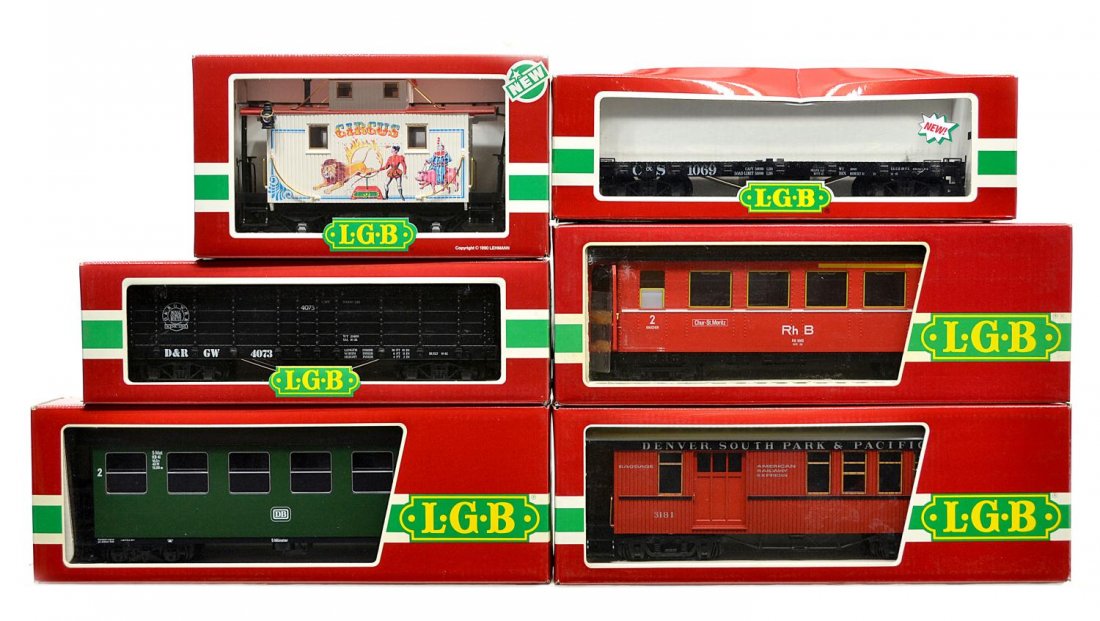 (6) LGB VAROIUS MODEL TRAIN CARS, ORIGINAL BOX: (lot of 6) LGB model train cars, G gauge, original box, some with cardboard sleeves: (1) 3181, passenger; (1) 3070, passenger; (1) 3063, passenger; (1) 4165, freight; (1) 4073-C 03, freight; (1) 42690