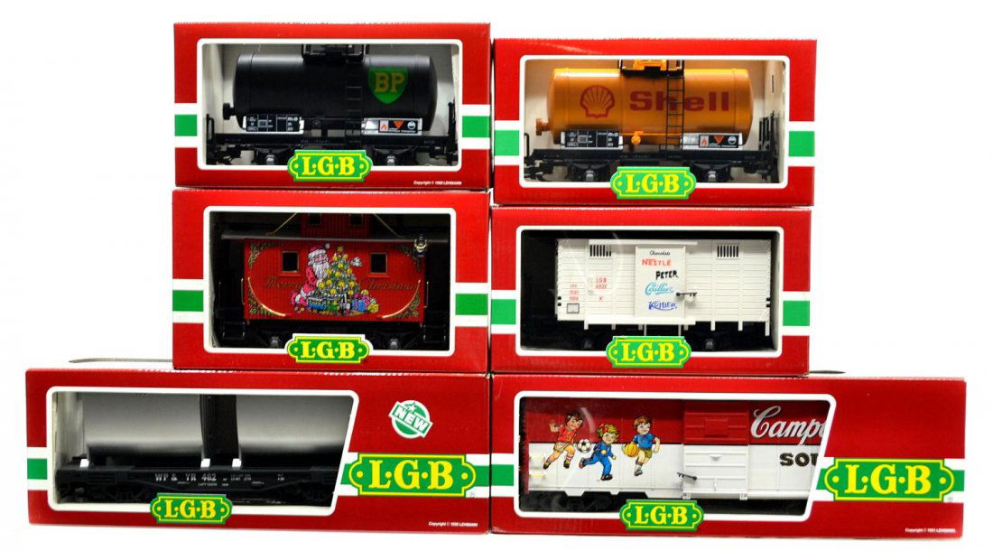 (6) LGB VARIOUS MODEL TRAIN CARS, ORIGINAL BOX: (lot of 6) LGB model train cars, G gauge, original box, some with cardboard sleeves: (1) 4191 CS, Campbell's Soup, freight; (1) 4086, freight; (1) 4040 B, freight; (1) 4040S, freight; (1) 44650, freig