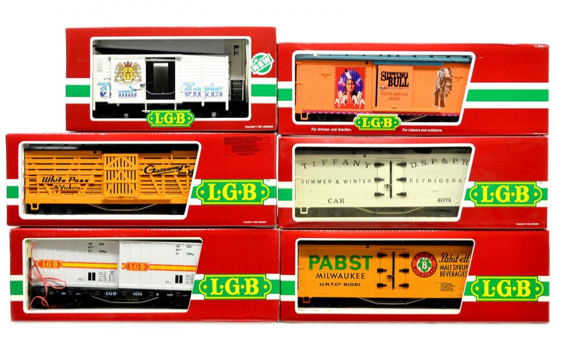(6) LGB VARIOUS MODEL TRAIN CARS, ORIGINAL BOX: (lot of 6) LGB model train cars, G gauge, original box, some with cardboard sleeves: (1) 4168, freight; (1) 44673, freight; (1) 4069, freight; (1) 4074, freight: (1) 4126, freight; (1) 4074-B 02, frei