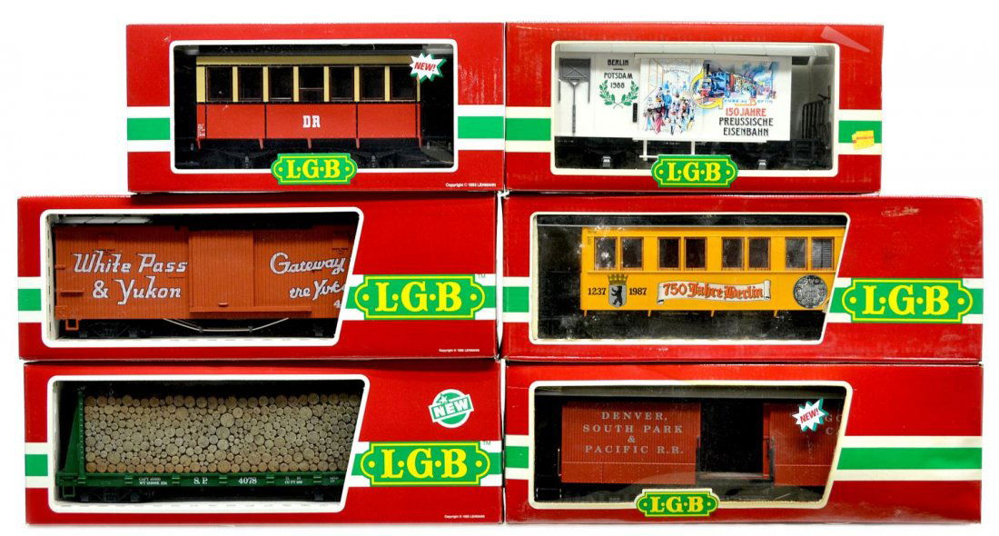(6) LGB VARIOUS MODEL TRAIN CARS, ORIGINAL BOX: (lot of 6) LGB model train cars, G gauge, original box, some with cardboard sleeves: (1) 3120, passenger; (1) 4028 B, freight; (1) 4078, freight; (1) 4167, freight; (1) 3060 B, passenger; (1) 32840, p