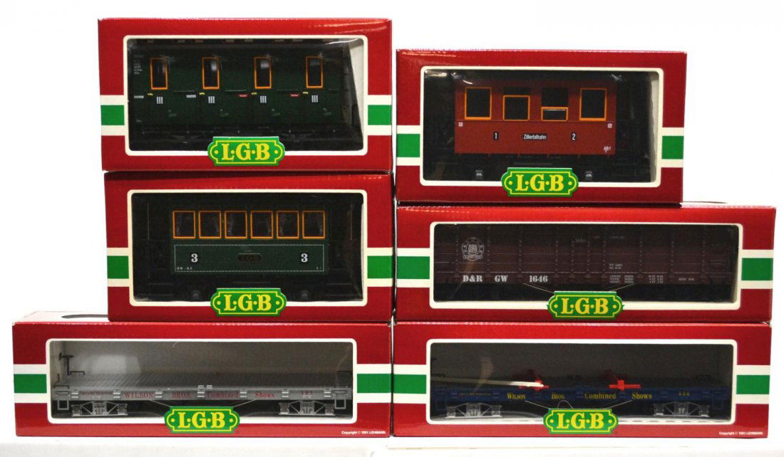(6) LGB VARIOUS MODEL TRAIN CARS, ORIGINAL BOX: (lot of 6) LGB model train cars, G gauge, original box, several retaining cardboard sleeves: (1) 4360-DG, freight; (1) 4060-DG, freight; (1) 4073, freight; (1) 3040, passenger; (1) 3050, passenger; (1
