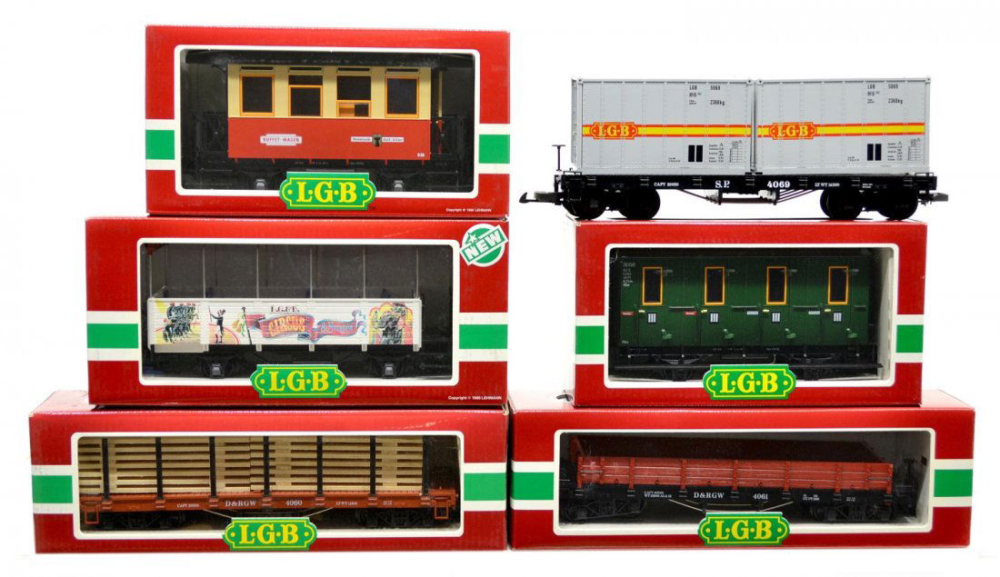 (6) LGB VARIOUS MODEL TRAIN CARS, ORIGINAL BOX: (lot of 6) LGB model train cars, G gauge, original box, several retaining cardboard sleeves: (1) 4069, freight; (1) 4169, freight; (1) 4061, freight; (1) 3125, passenger; (1) 3050, passenger; (1) 3016