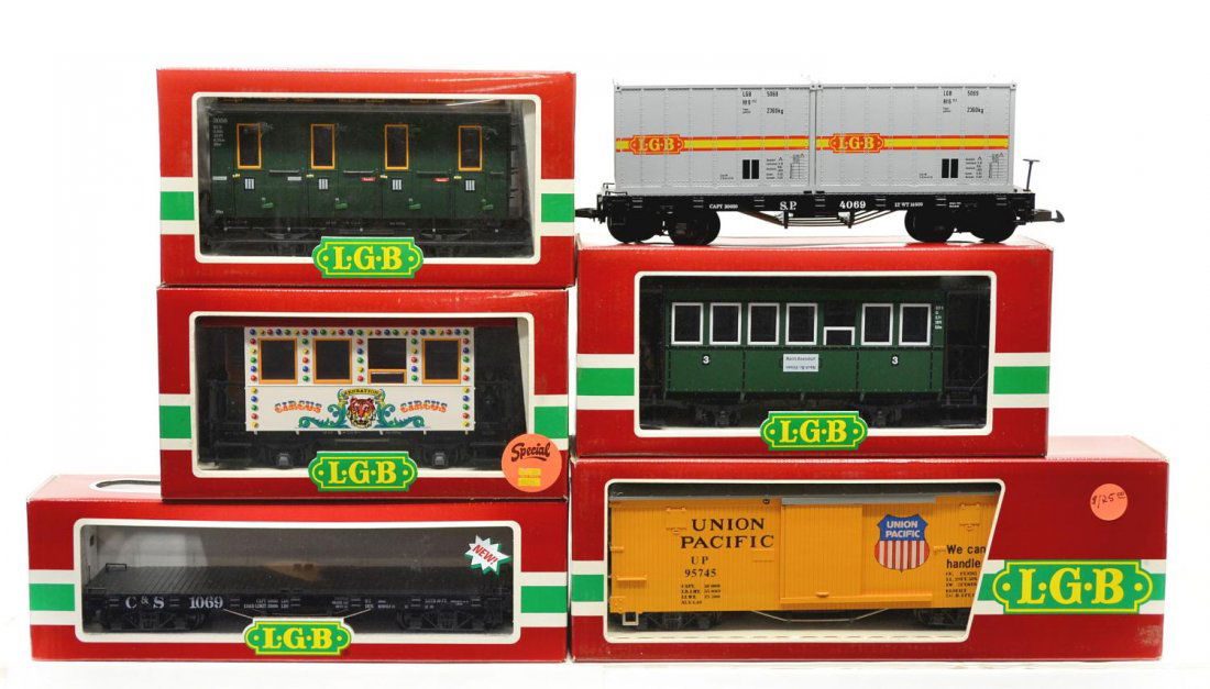 (6) LGB VARIOUS MODEL TRAIN CARS, ORIGINAL BOX: (lot of 6) LGB model train cars, G gauge, original box, several retaining cardboard sleeves: (1) 4269 O, freight; (1) 4069, freight; (1) 4067 A 01, freight; (1) 3036, passenger; (1) 3050, passenger; (