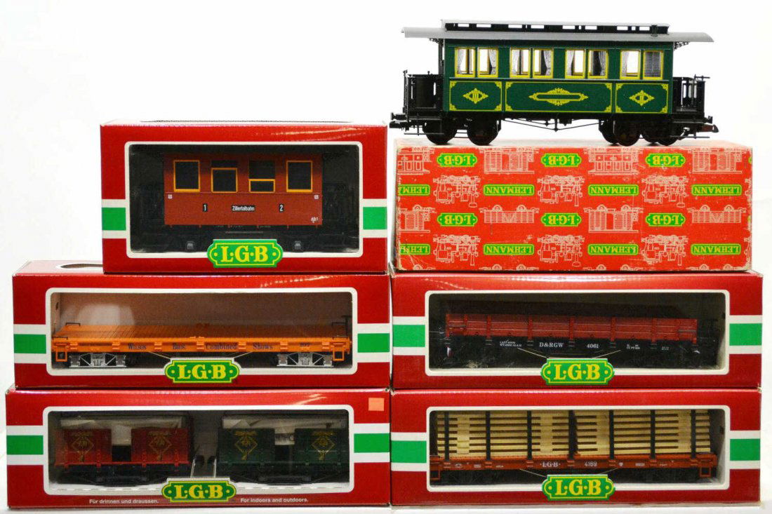 (6) LGB VARIOUS MODEL TRAIN CARS, ORIGINAL BOX: (lot of 6) LGB model train cars, G gauge, original box, several retaining cardboard sleeves: (1) 4169, freight; (1) 4260-DG; (1) 4061, freight; (1) 31440, passenger; (1) 3060, passenger; (1) 3007, pas