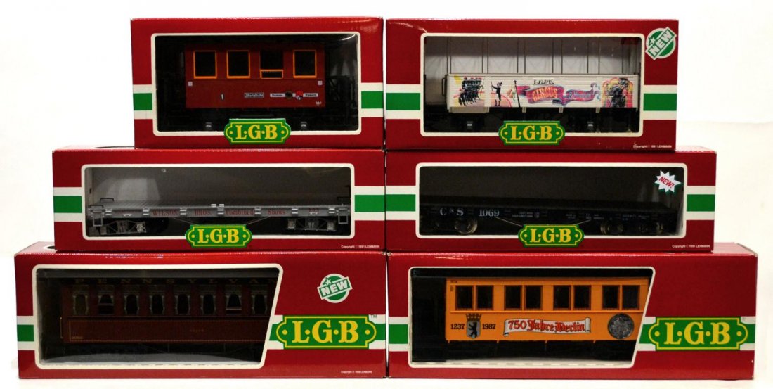 (6) LGB VARIOUS MODEL TRAIN CARS, ORIGINAL BOX: (lot of 6) LGB model train cars, G gauge, original box, several retaining cardboard sleeves: (1) 4360-DG, freight; (1) 4269 O, freight; (1) 3280, passenger; (1) 3125, passenger; (1) 3107, passenger; (