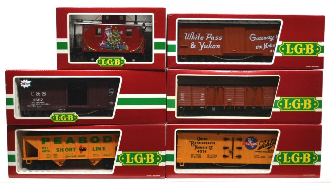 (6) LGB VARIOUS MODEL TRAIN CARS, ORIGINAL BOX: (lot of 6) LGB model train cars, G gauge, original box, several retaining cardboard sleeves: (1) 4076 XO1, freight; (1) 4062, freight; (1) 45670, freight; (1) 4167, freight; (1) 4074 Z02, freight; lon