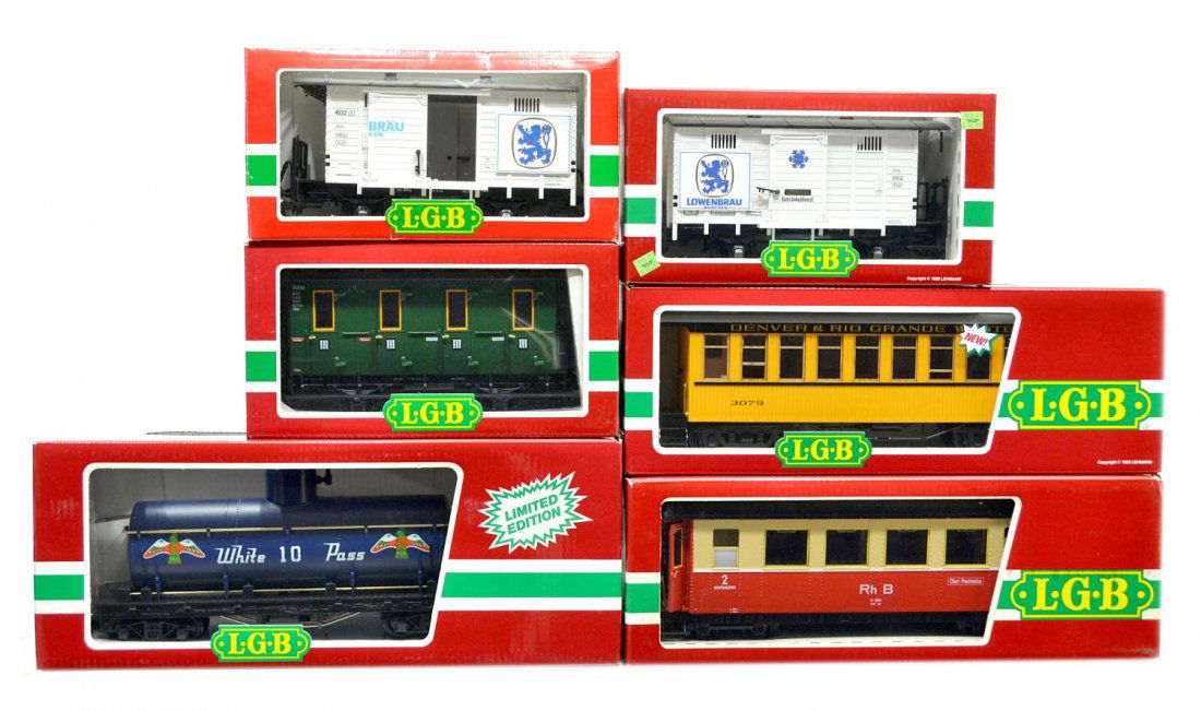 (6) LGB VARIOUS MODEL TRAIN CARS, ORIGINAL BOX: (lot of 6) LGB model train cars, G gauge, original box, several retaining cardboard sleeves: (1) 4080-W 01, freight; (1) 4032 L, freight; (1) 4131, freight; (1) 3050, passenger; (1) 3064, passenger; (