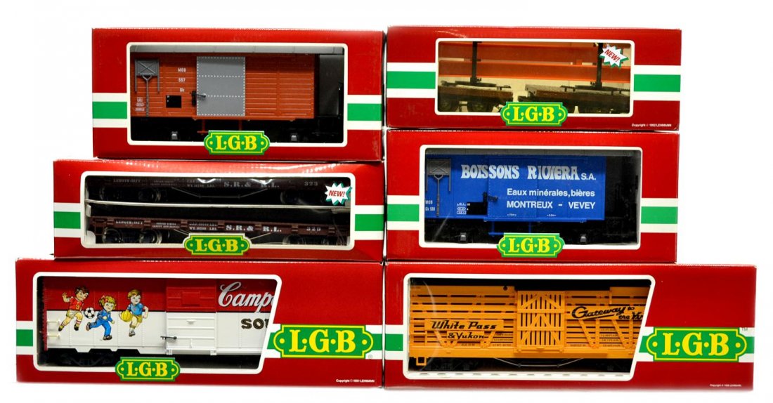 (6) LGB VARIOUS MODEL TRAIN CARS, ORIGINAL BOX: (lot of 6) LGB model train cars, G gauge, original box, several retaining cardboard sleeves: (1) 4191 CS, Campbell's Soup freight; (1) 4050, fright; (1) 41600, freight; (1) 4029, fright; (1) 4168, fre