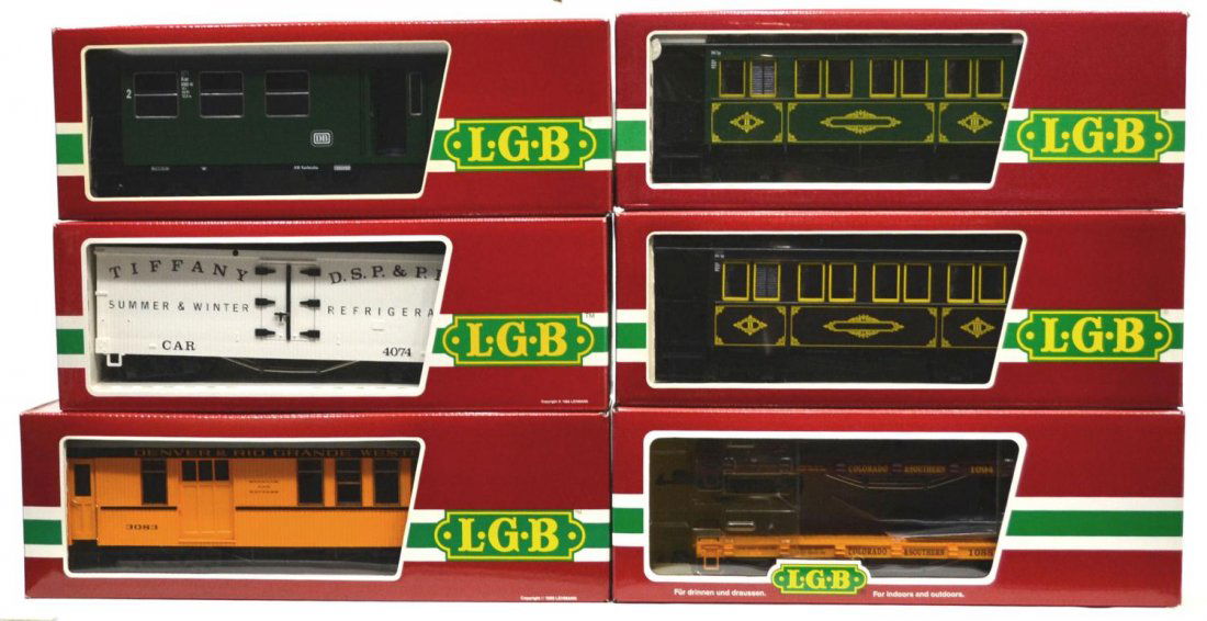 (6) LGB VARIOUS MODEL TRAIN CARS, ORIGINAL BOX: (lot of 6) LGB model train cars, G gauge, original box, several retaining cardboard sleeves: (1) 3061, passenger; (1) 4074 - B 02, freight; (1) 45600, freight; (1) 3060, passenger; (1) 3071, passenger