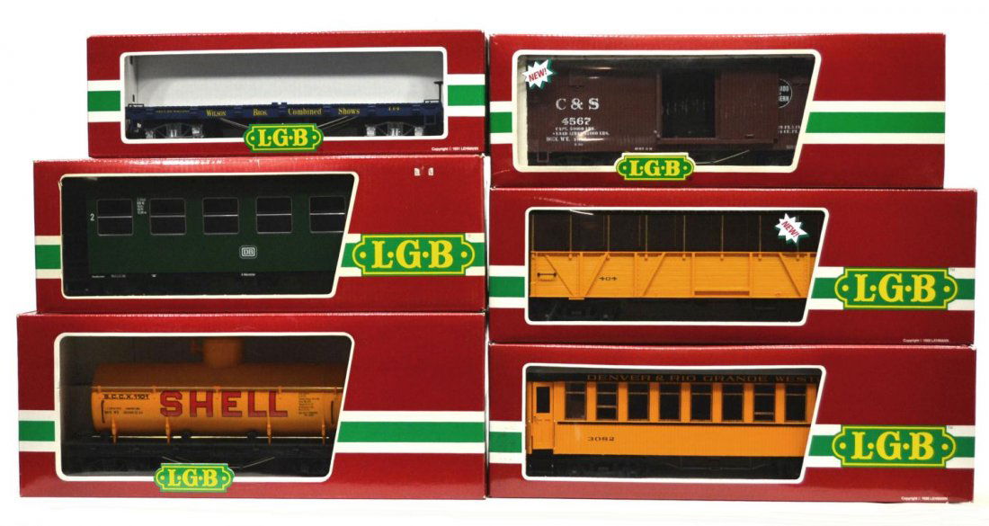 (6) LGB VARIOUS MODEL TRAIN CARS, ORIGINAL BOX: (lot of 6) LGB model train cars, G gauge, original box, several retaining cardboard sleeves: (1) 3070, passenger; (1) 3026O, passenger; (1) 3082, passenger; (1) 45670, freight; (1) 4060-DG, freight; (