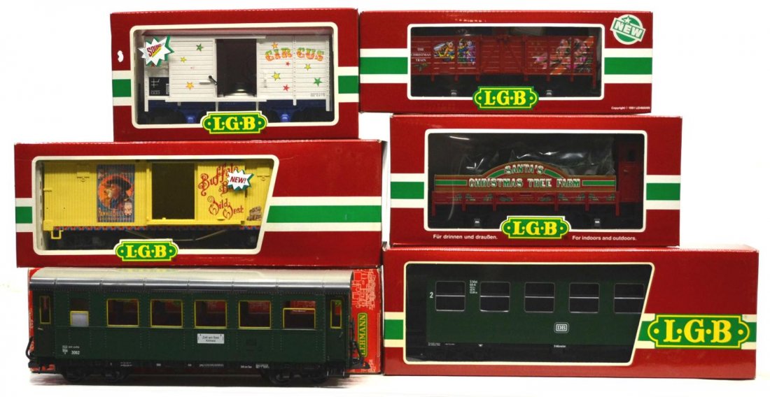 (6) LGB VARIOUS MODEL TRAIN CARS, ORIGINAL BOX: (lot of 6) LGB model train cars, G gauge, original box, several retaining cardboard sleeves: (1) 3062, passenger; (1) 3070, passenger; (1) 44670, freight; (1) 4136S, freight; (1) 41120, freight; (1) 4