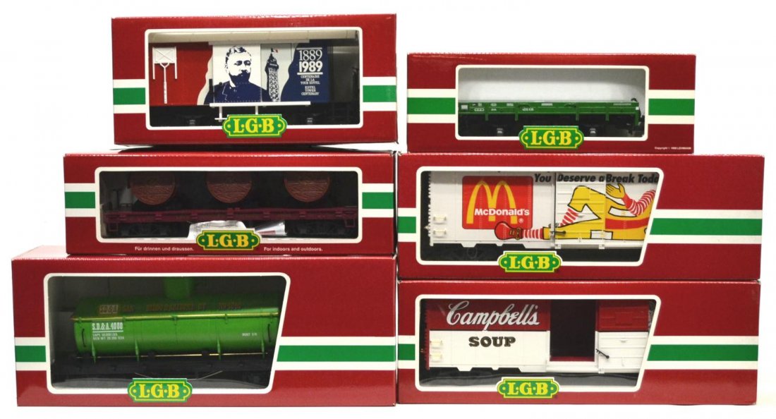 (6) LGB VARIOUS MODEL TRAIN CARS, ORIGINAL BOX: (lot of 6) LGB model train cars, G gauge, original box, several retaining cardboard sleeves: (1) 41693, freight; (1) 4028 FR, freight; (1) 4080-Y 05, freight; (1) 4010, freight; (1) 44910, McDonald's 
