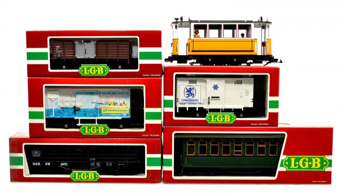 (6) LGB VARIOUS MODEL TRAIN CARS, ORIGINAL BOX: (lot of 6) LGB model train cars, G gauge, original box, several retaining cardboard sleeves: (1) 3500, passenger; (1) 3080-E 01, passenger; (1) 4124, freight; (1) 4073-C 03, freight; (1) 4028 HH, frei
