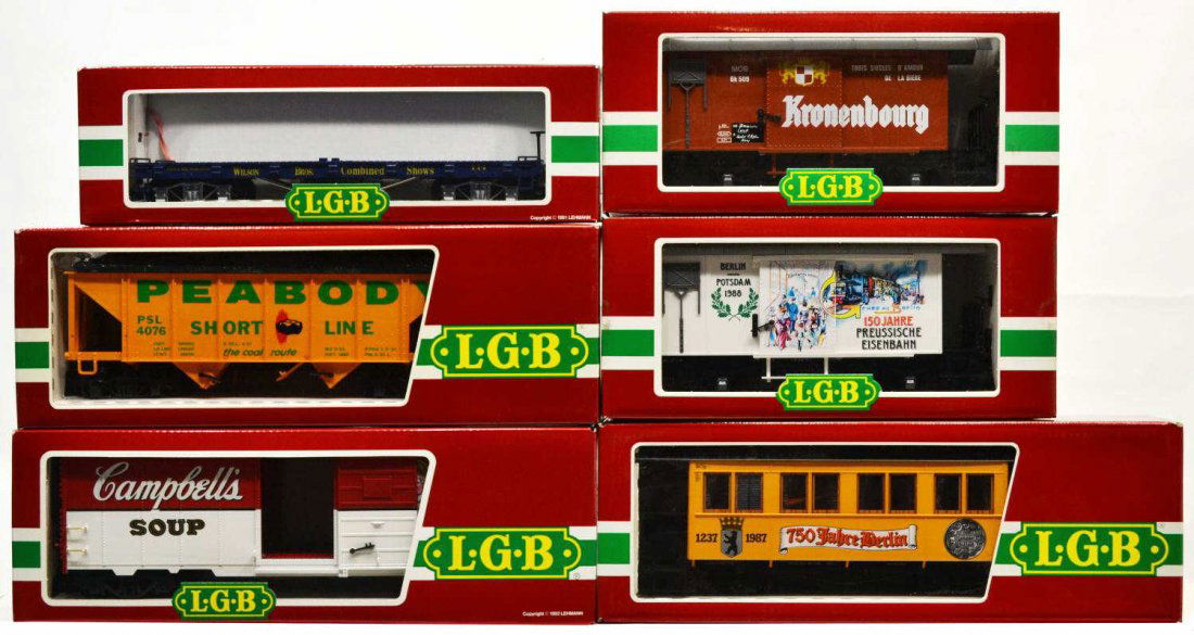 (6) LGB VARIOUS MODEL TRAIN CARS, ORIGINAL BOX: (lot of 6) LGB model train cars, G gauge, original box, several retaining cardboard sleeves: (1) 4060-DG, freight; (1) 3060 B, passenger; (1) 4076 X01, freight; (1) 41911 Campbell's Soup, freight; (1)