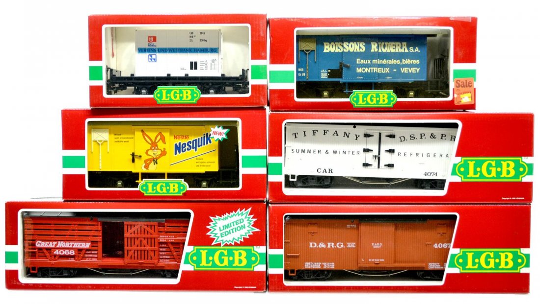 (6) LGB VARIOUS MODEL TRAIN CARS, ORIGINAL BOX: (lot of 6) LGB model train cars, G gauge, original box, several retaining cardboard sleeves: (1) 4029, freight; (1) 4003, freight; (1) 4528O, freight; (1) 4068-N 01, freight; (1) 4074-B 02, freight; (