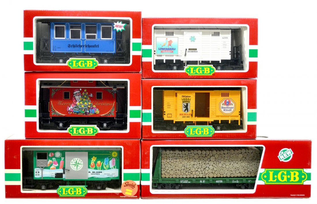 (6) LGB VARIOUS MODEL TRAIN CARS, ORIGINAL BOX: (lot of 6) LGB model train cars, G gauge, original box, several retaining cardboard sleeves: (1) 4031 B, freight; (1) 4128, freight; (1) 4078, freight; (1) 4465O, freight; (1) 4231O, freight; (1) 3407