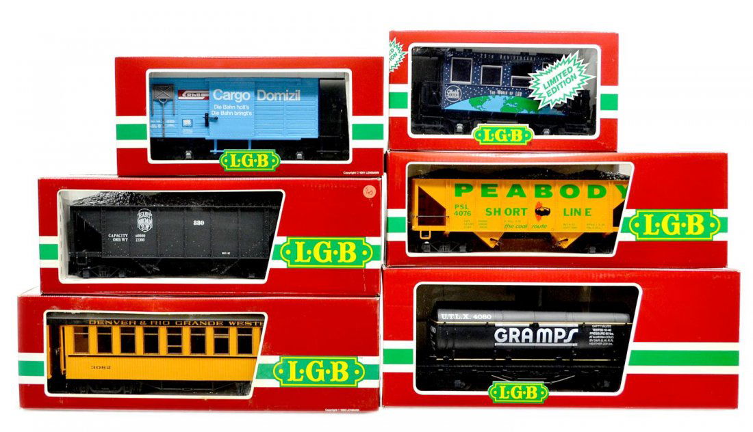 (6) LGB VARIOUS MODEL TRAIN CARS, ORIGINAL BOX: (lot of 6) LGB model train cars, G gauge, original box, several retaining cardboard sleeves: (1) 3082, passenger; (1) 4076, freight; (1) 4080-Y 02, freight; (1) 4127, freight; (1) 3007 AC, passenger;