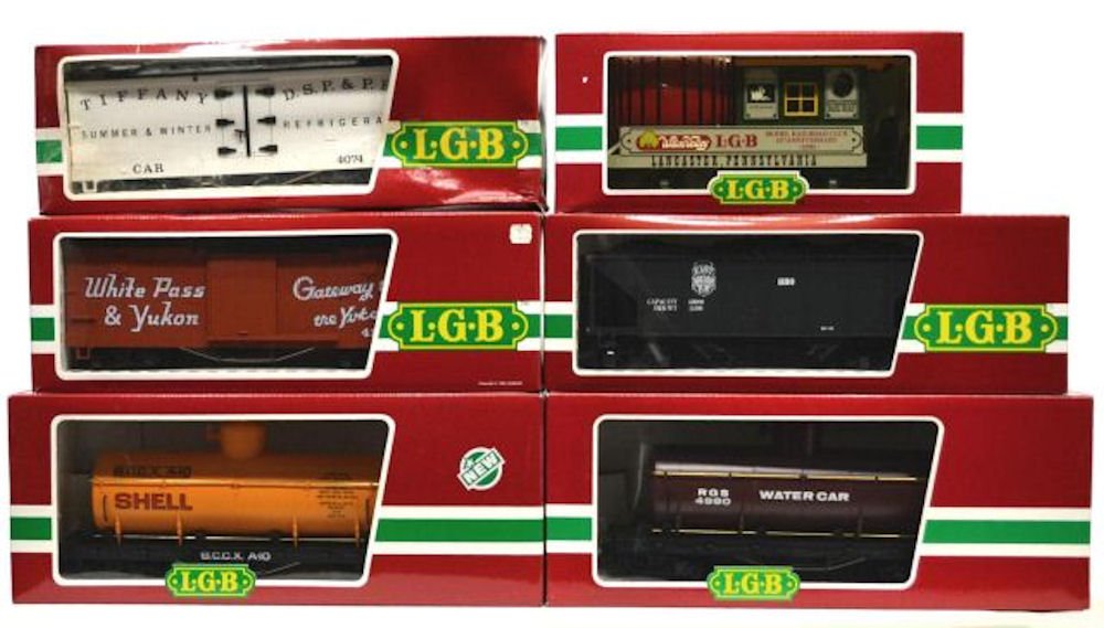 (6) LGB VARIOUS MODEL TRAIN CARS, ORIGINAL BOX: (lot of 6) LGB model train cars, G gauge, original box, several retaining cardboard sleeves: (1) 30421, passenger; (1) 4074-B 02, freight; (1) 4280, freight; (1) 4167, freight; (1) 4076, freight; (1) 
