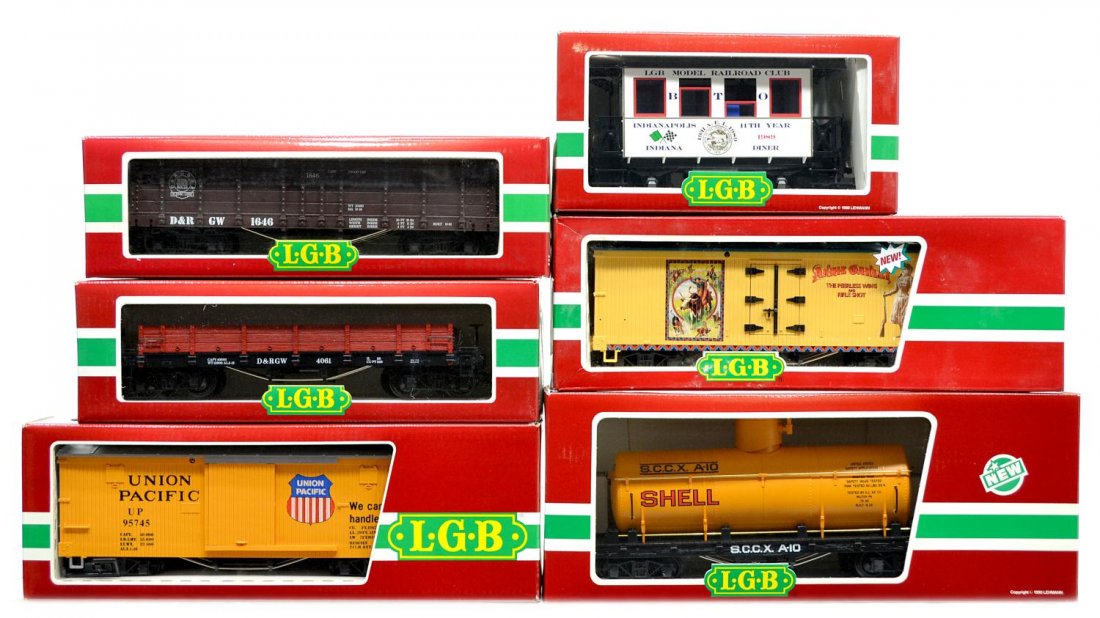 (6) LGB VARIOUS MODEL TRAIN CARS, ORIGINAL BOX: (lot of 6) LGB model train cars, G gauge, original box, several retaining cardboard sleeves: (1) 4061, freight; (1) 4073, freight; (1) 3007 CC, passenger; (1) 4067 A 01, freight; (1) 41720, freight; (