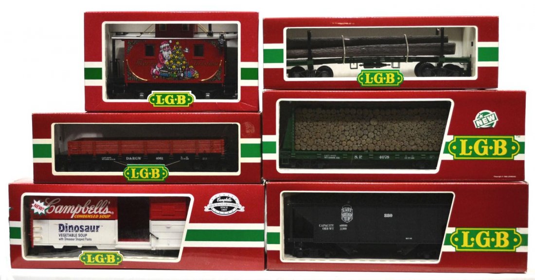 (6) LGB VARIOUS MODEL TRAIN CARS, ORIGINAL BOX: (lot of 6) LGB model train cars, G gauge, original box, several retaining cardboard sleeves: (1) 4078, freight; (1) 4076, freight; (1) 4061, freight; (1) 46910 Campbell's Soup, freight; (1) 4465O, fre