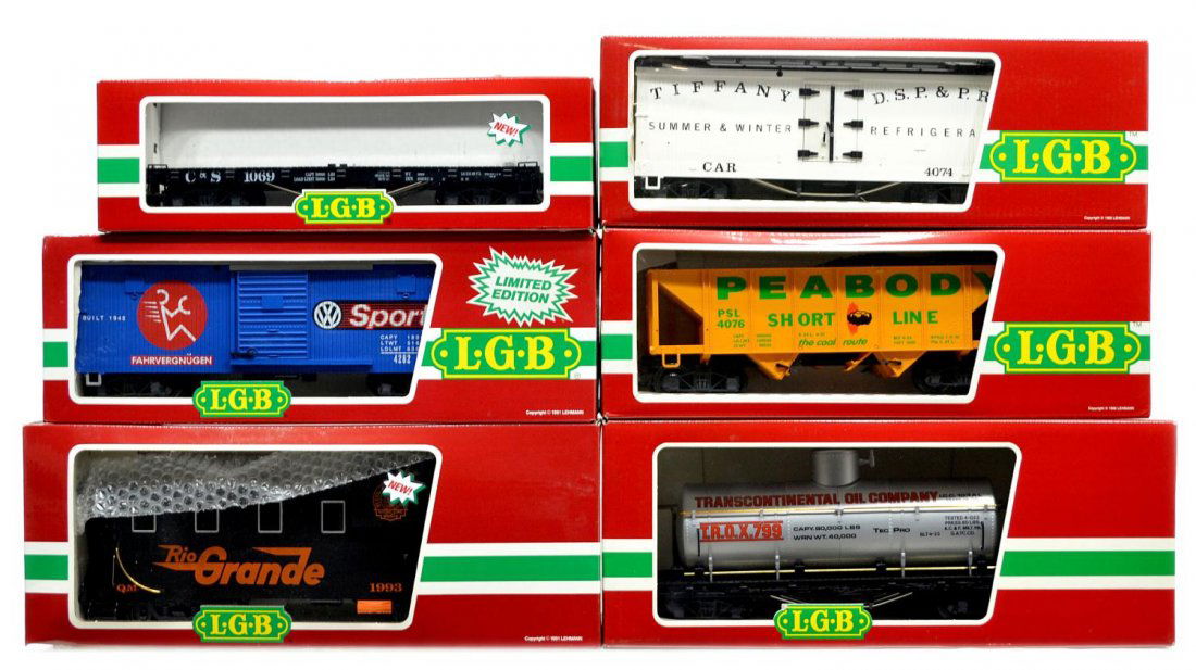 (6) LGB VARIOUS MODEL TRAIN CARS, ORIGINAL BOX: (lot of 6) LGB model train cars, G gauge, original box, several retaining cardboard sleeves: (1) 4271O, freight; (1) 4074-B 02, freight; (1) 4269O, freight; (1) 4080-Y 01, freight; (1) 4290 VW, freigh