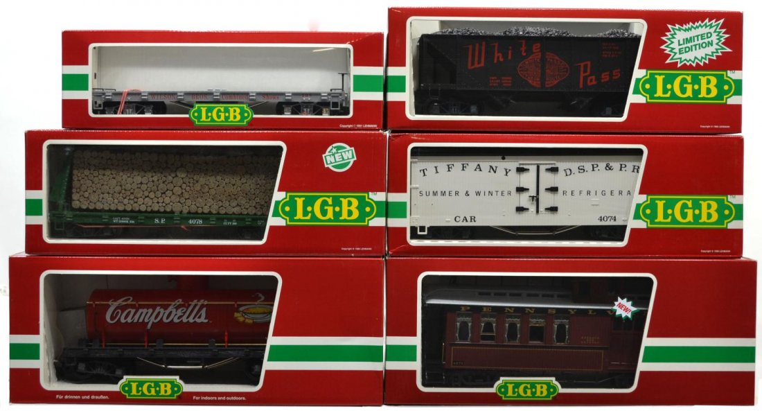 (6) LGB VARIOUS MODEL TRAIN CARS, ORIGINAL BOX: (lot of 6) LGB model train cars, G gauge, original box, several retaining cardboard sleeves: (1) 4275O, freight; (1) 4076-W 02, freight; (1) 4074-B 02, freight; (1) 44800 Campbell's Soup, freight; (1)