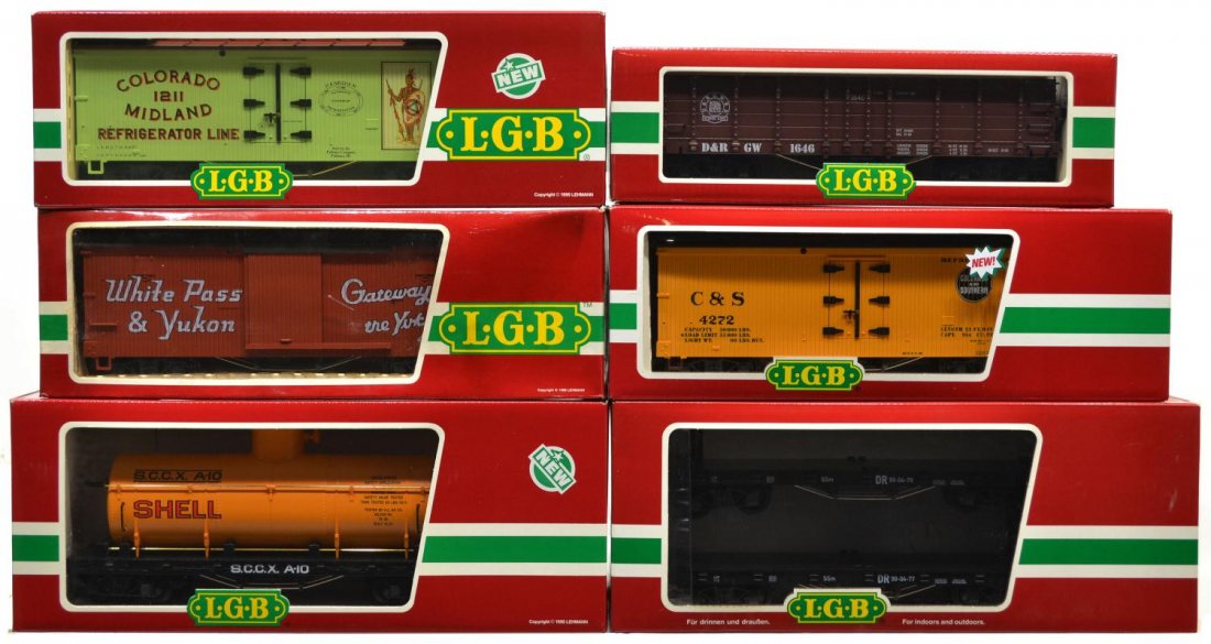 (6) LGB VARIOUS MODEL TRAIN CARS, ORIGINAL BOX: (lot of 6) LGB model train cars, G gauge, original box, several retaining cardboard sleeves: (1) 4167, freight; (1) 45690, freight; (1) 4072-P 02, freight; (1) 4280, freight; (1) 4073, freight; (1) 42